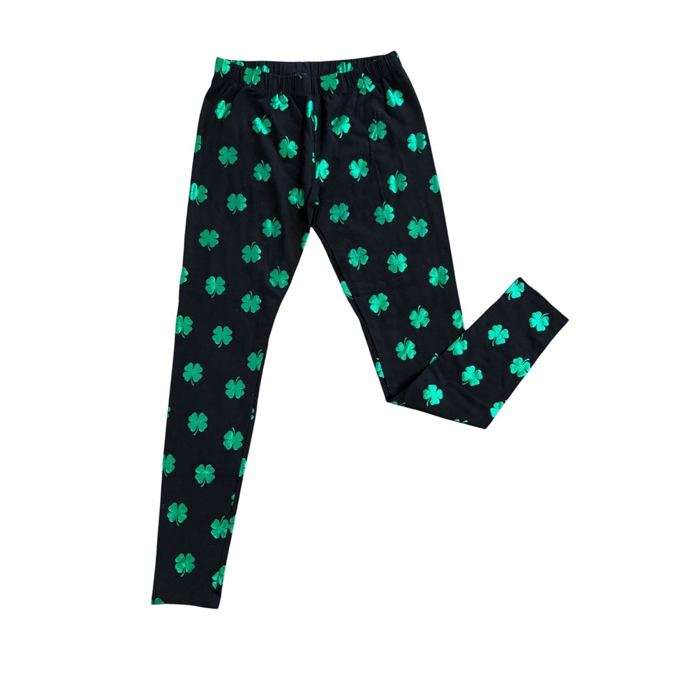No Boundaries St Patricks Day Leggings Black Green Metallic Shamrock Medium 7-9